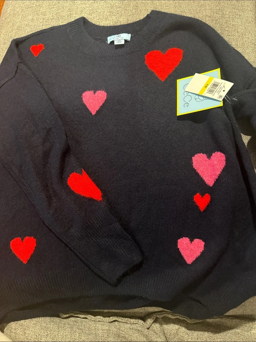 kate spade Navy Crewneck Sweater with Red and Pink Hearts